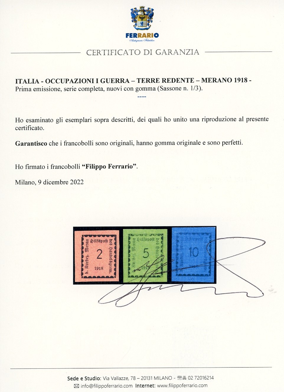 Francobolli, Merano 1818 - I emissione, serie completa (1/3), gomma originale