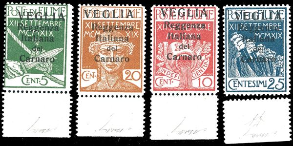 VEGLIA 1920 - Soprastampati in caratteri grandi, serie completa (1\4), gomma originale integra, perfetti. Splendidi, rari di questa qualità. G.Oliva, cert. Finanziario Bolaffi 100%.