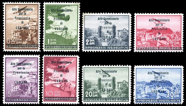LUBIANA POSTA AEREA 1941 - Soprastampati "Alto Commissario", non emessi, serie completa (19/26), nuovi, gomma originale integra, perfetti. Molto rari, solo 42 serie complete note, molte delle quali senza gomma o difettose. A.Diena, Fiecchi, cert. Ferrario e Diena.