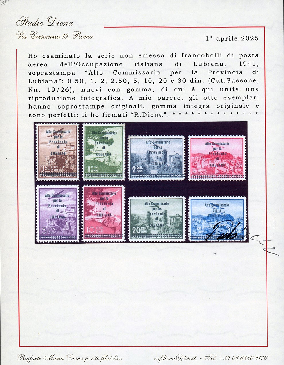 Francobollo, Lubiana Posta Aerea 1941 - Soprastampati 'Alto Commissario', serie completa (19/26)