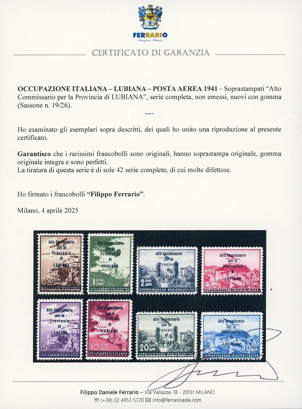 Francobollo, Lubiana Posta Aerea 1941 - Soprastampati 'Alto Commissario', serie completa (19/26)