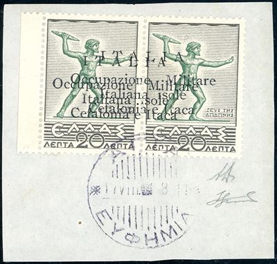 Cefalonia e Itaca, Emissioni di Argostoli 1941 - 20 l. + 20 l. Mitologica, doppia soprastampa a m...
