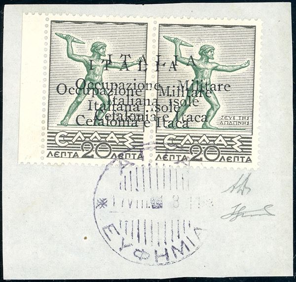 CEFALONIA E ITACA - EMISSIONI DI ARGOSTOLI 1941 - 20 l. + 20 l. Mitologica, doppia soprastampa a macchina (13f), perfetto, usato su frammento. A.Diena, cert. Ferrario.
