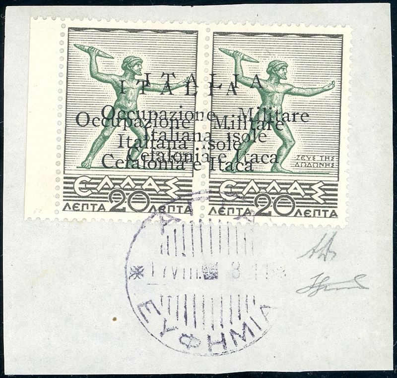 CEFALONIA E ITACA - EMISSIONI DI ARGOSTOLI 1941 - 20 l. + 20 l. Mitologica, doppia soprastampa a macchina (13f), perfetto, usato su frammento. A.Diena, cert. Ferrario.  - Auction Philately - Cambi Casa d'Aste
