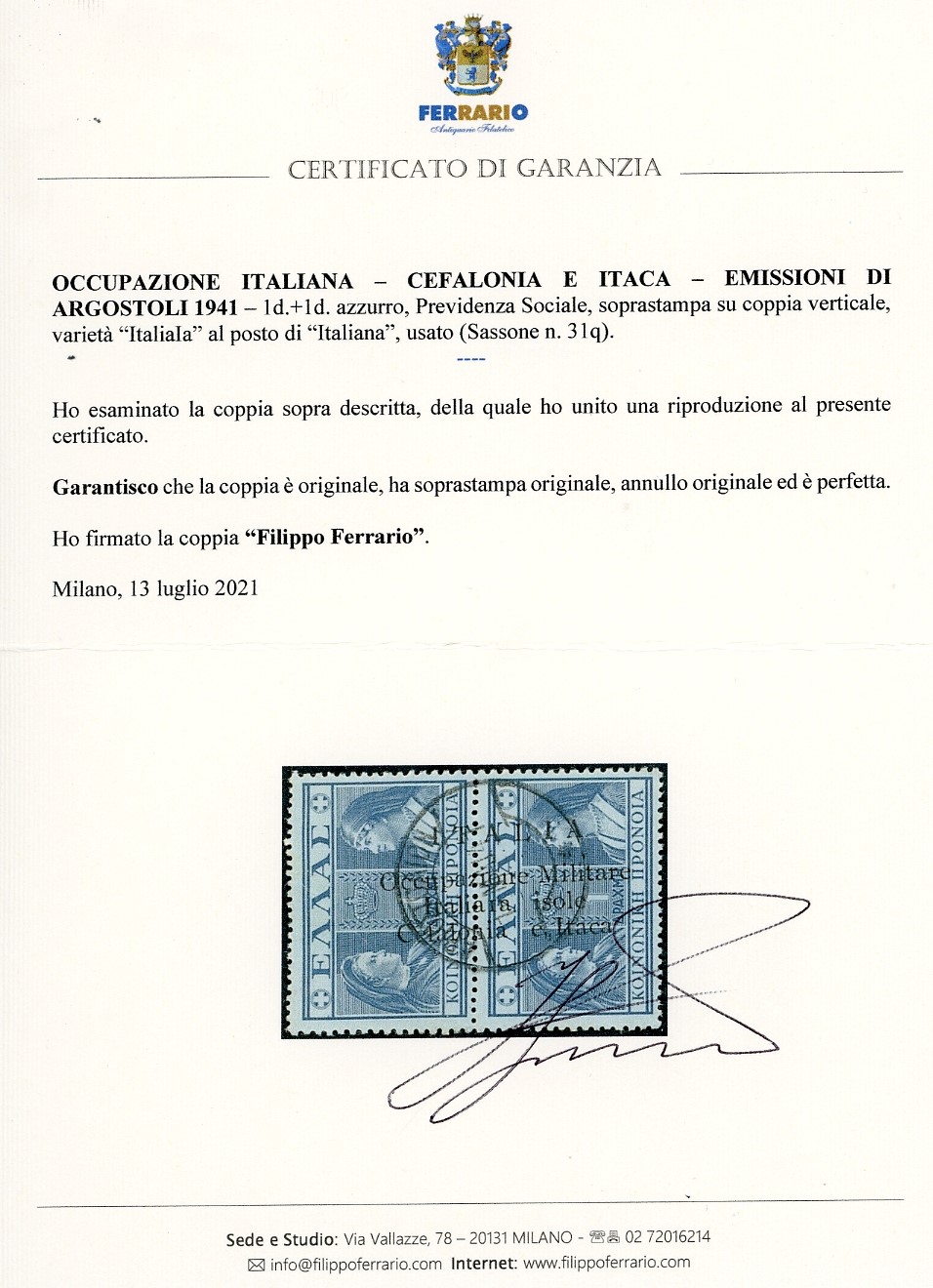 Emissioni di Argostoli 1941, Cefalonia e Itaca - 1 d. + 1 d. Previdenza Sociale, varietà 'ITALIAI...