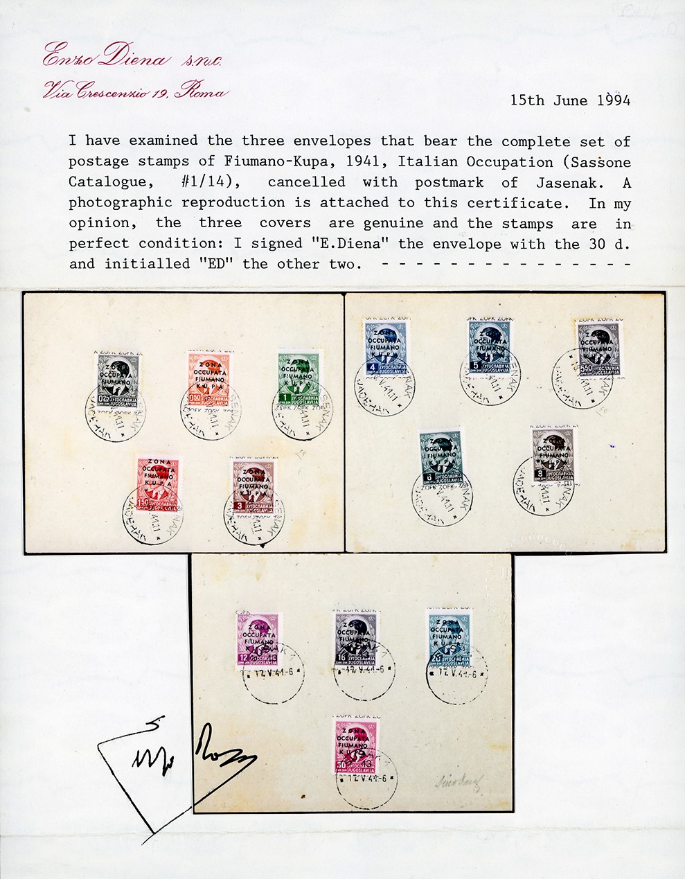 Zona Fiumano Kupa, Soprastampati, serie completa (1/14), 1941-1946