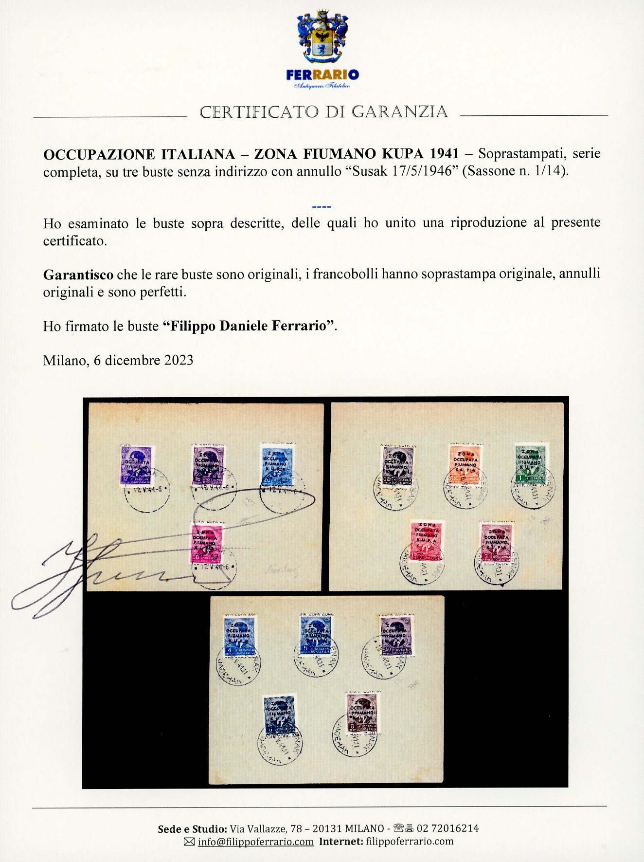 Zona Fiumano Kupa, Soprastampati, serie completa (1/14), 1941-1946