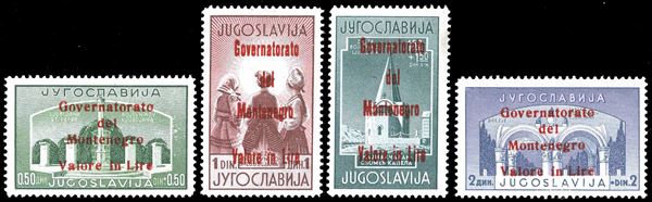 MONTENEGRO 1942 - Legionari, soprastampati in rosso, serie completa (28/31), nuovi, gomma originale integra, perfetti. Rari, tiratura 200 serie, di cui parecchie difettose. A.Diena, Sassone, cert. Ferrario.