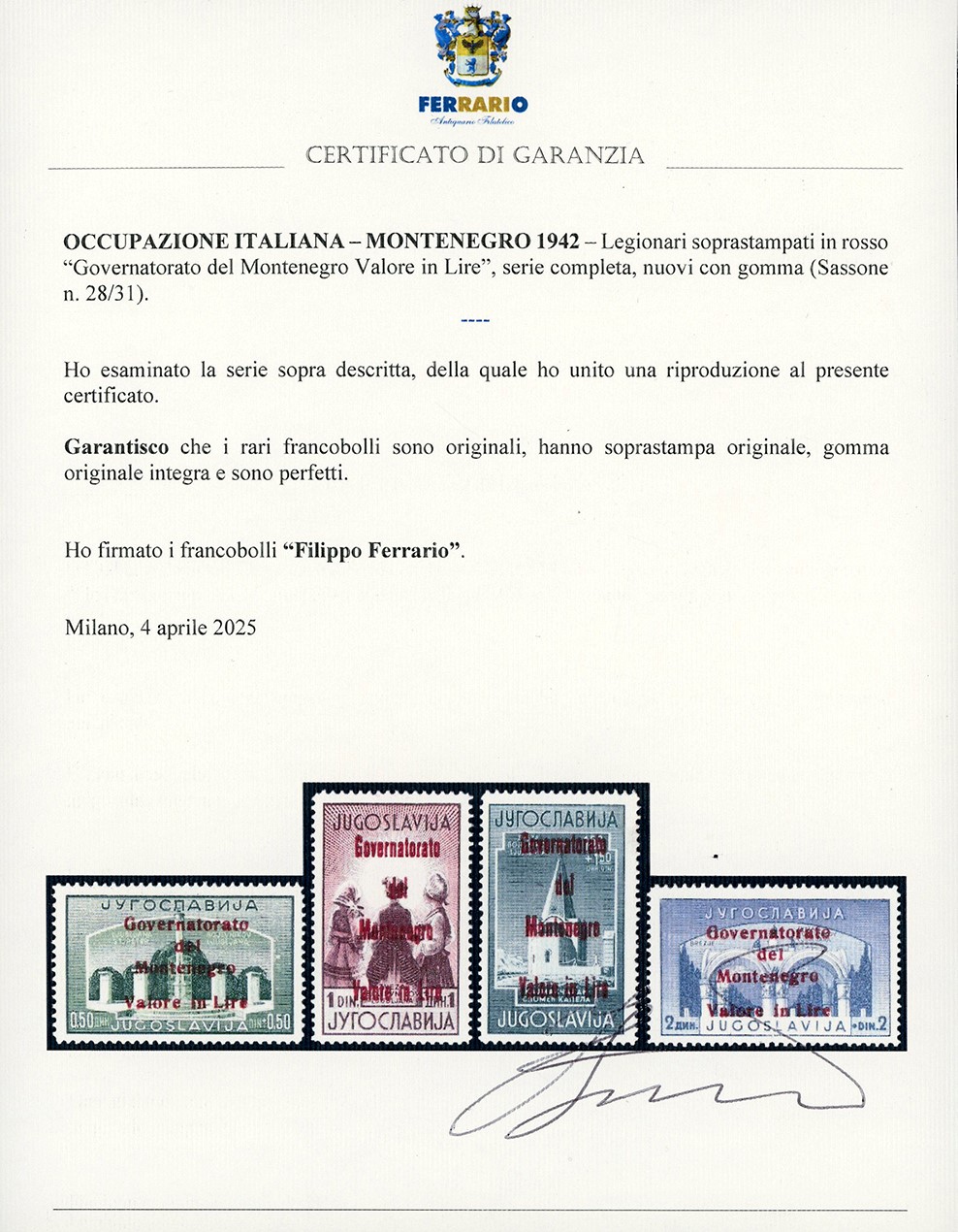 MONTENEGRO, 1942 - Serie completa di francobolli Legionari, soprastampati in rosso (28/31), nuovi