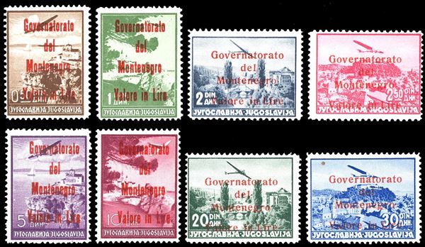MONTENEGRO POSTA AEREA 1942 - Governatorato del Montenegro, soprastampa in rosso, serie completa (18/25), gomma originale integra, perfetti e molto freschi. Rari e di ottima qualità. Tiratura 500 serie. Raybaudi, cert. Caffaz.