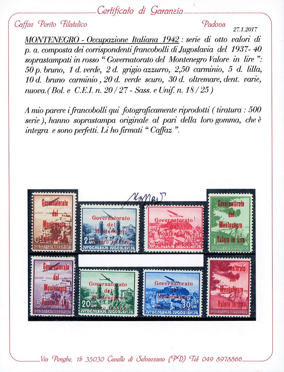 Governatorato del Montenegro, Soprastampa in rosso, serie completa di francobolli (1942)