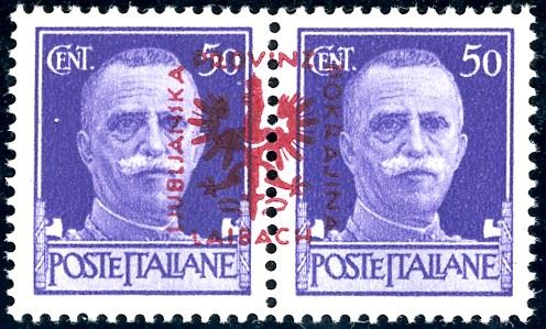 OCCUPAZIONE TEDESCA LUBIANA 1944 - 50 + 50 cent. Imperiale, soprastampa su esemplari in coppia (19A), nuova, gomma originale integra, perfetta. Rarità di ottima qualità. A.Diena, cert. Ferrario.