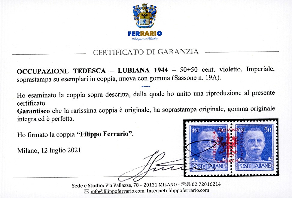 OCCUPAZIONE TEDESCA LUBIANA 1944 - 50 + 50 cent. Imperiale, soprastampa su esemplari in coppia (1...