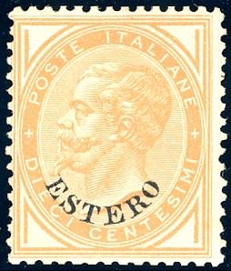 EMISSIONI GENERALI 1874 - 10 cent. De La Rue soprastampato (4), gomma originale, impercettibile traccia di linguella, perfetto. A.Diena, cert. Ferrario.