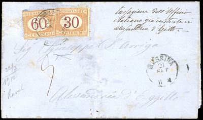 Alessandria d'Egitto, 30 cent. e 60 cent. ocra e carminio, segnatasse su lettera affrancata e tas...