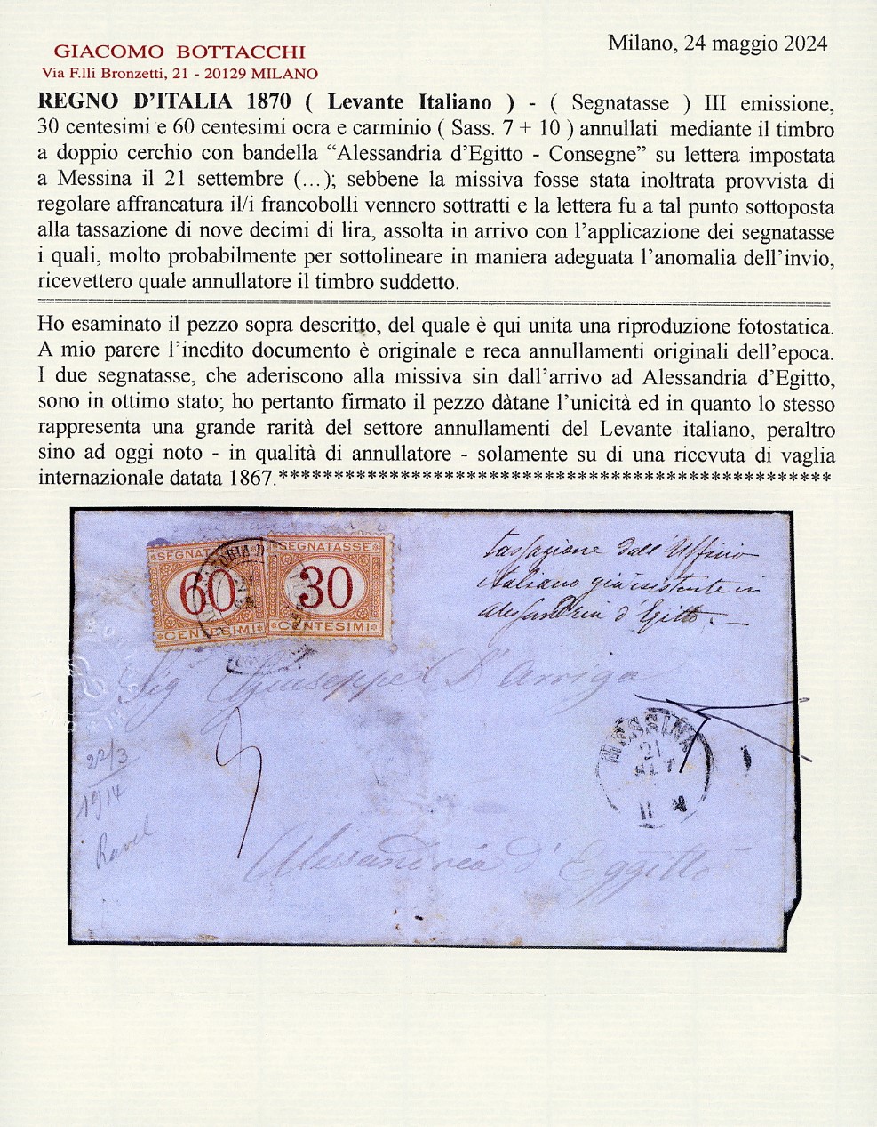Alessandria d'Egitto, 30 cent. e 60 cent. ocra e carminio, segnatasse su lettera affrancata e tas...