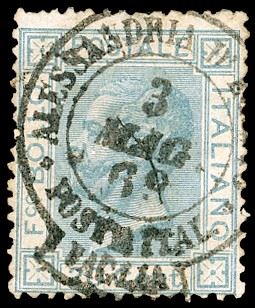 ALESSANDRIA D'EGITTO 1878 - 20 cent. celeste (Regno L26), leggermente riparato in un angolo, annullato con il datario a doppio cerchio con bandella "vaglia" (punti R3). Molto raro, pochissimi casi noti. A.Diena.  - Asta Filatelia - Cambi Casa d'Aste