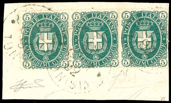 LA GOLETTA 1889 - 5 cent. Stemma, fondo pieno (Regno 44), coppia e singolo, perfetti, usati su frammento con il bollo a cerchio grande "Goletta (Tunisia)" 31/10/1892. Annullo molto raro, non quotato dal cat. Sassone. Fiecchi, cert. Ferrario.