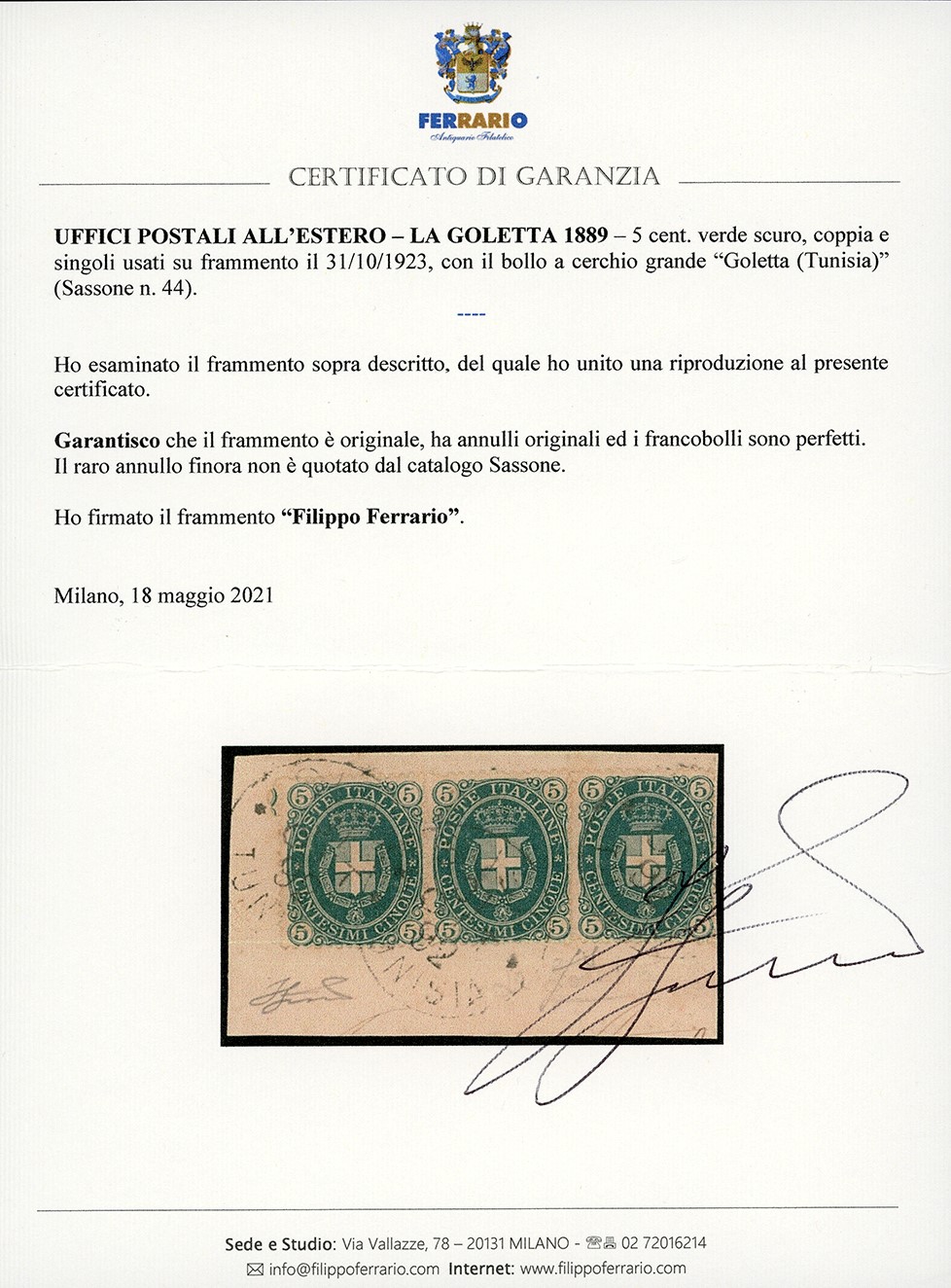 Francobollo, La Goletta 1889 - 5 cent., coppia e singolo, con annullo raro 'Goletta (Tunisia)'