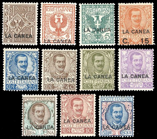 LA CANEA 1905 - Soprastampati, serie completa (3/13), gomma originale integra, perfetti. Molto freschi. Cert. Ferrario.