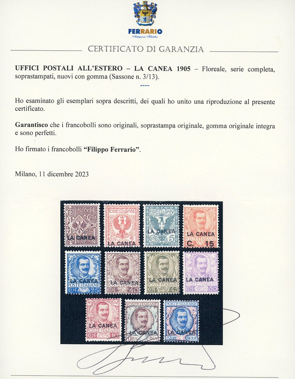 LA CANEA, Soprastampati, serie completa (3/13), gomma originale integra, 1905