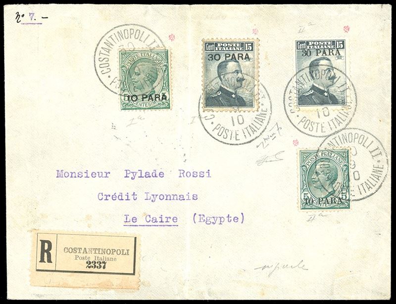 COSTANTINOPOLI 1910 - 5 e 15 cent. soprastampati, I emissione locale, e 5 e 15 cent. soprastampati, II emissione locale (1,3,8,10), perfetti, su busta raccomandata in perfetta tariffa da Costantinopoli 30/9/1910 a Il Cairo, in Egitto. Molto rara ed interessante per l'uso di valori gemelli. Ferrario, cert. Avanzo.  - Asta Filatelia - Cambi Casa d'Aste