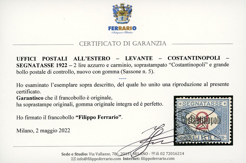 Costantinopoli, Segnatasse 1922 - 2 Lire (5) - Gomma originale integra, perfetto
