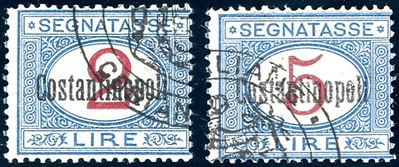 A. Diena e Ferrario, Costantinopoli Segnatasse 1922 - 2 lire e 5 lire (5/6), gomma originale