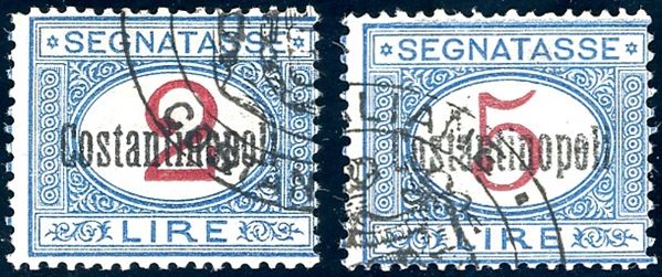 COSTANTINOPOLI SEGNATASSE 1922 - 2 lire e 5 lire (5/6), gomma originale, perfetti. A.Diena, Ferrario.