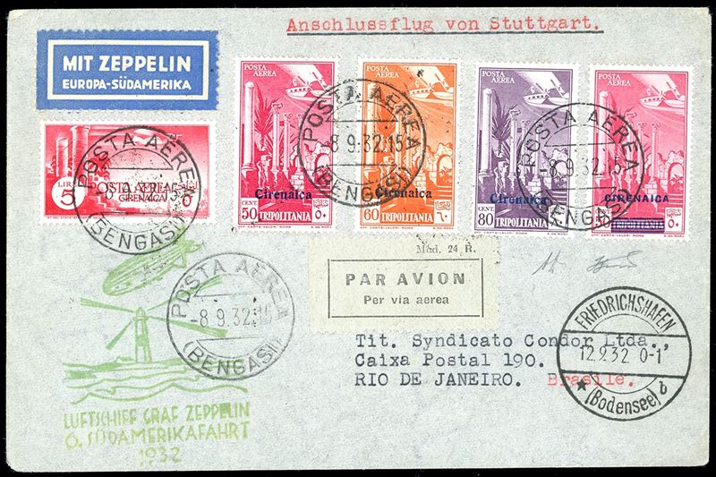 POSTA AEREA 1932 - 50, 60  e 80 cent. soprastampati in azzurro, 50 cent. soprastampa in maiuscolo e sbarrette, 5 lire Soggetti Africani (A1,A2,A3,A4,A11), perfetti, su aerogramma raccomandato da Bengasi 8/9/1932 a Rio de Janeiro in Brasile, viaggiato con il Graf Zeppelin, 6°Sudamerikafahrt, come da cachet speciale apposto al recto. Molto bello e non comune. A.Diena, cert. Ferrario.  - Asta Filatelia - Cambi Casa d'Aste