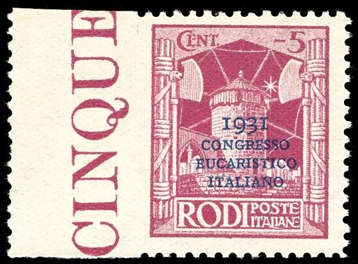 1931 - 5 cent. soprastampato Congresso Eucaristico, non dentellato a sinistra (30c), nuovo, gomma originale integra, perfetto. Molto bello e raro. Ferrario.  - Auction Philately - Cambi Casa d'Aste