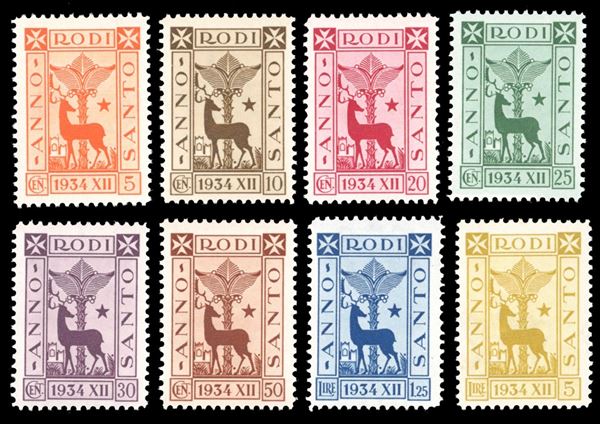 1935 - Anno Santo, serie completa (91/98), gomma originale integra, perfetti e molto freschi. Il 5 lire Raybaudi.
