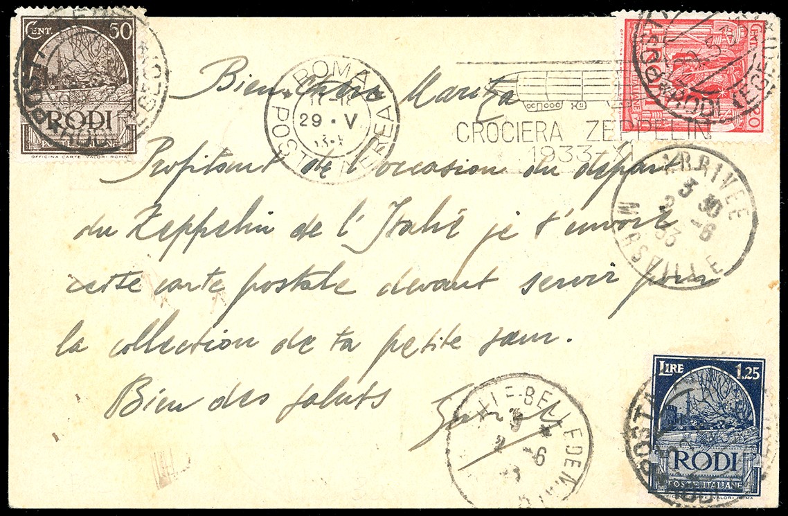 POSTA AEREA, Intero postale con francobolli da 3 lire e 5 lire, 1933