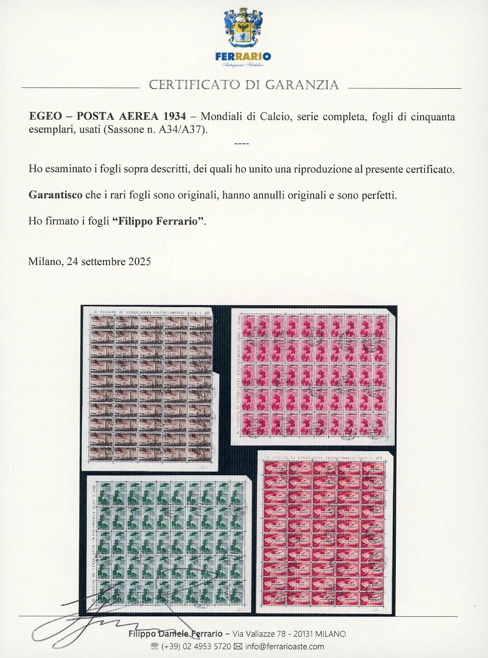 POSTA AEREA 1934, Serie completa Mondiali di Calcio (A34/A37), fogli usati