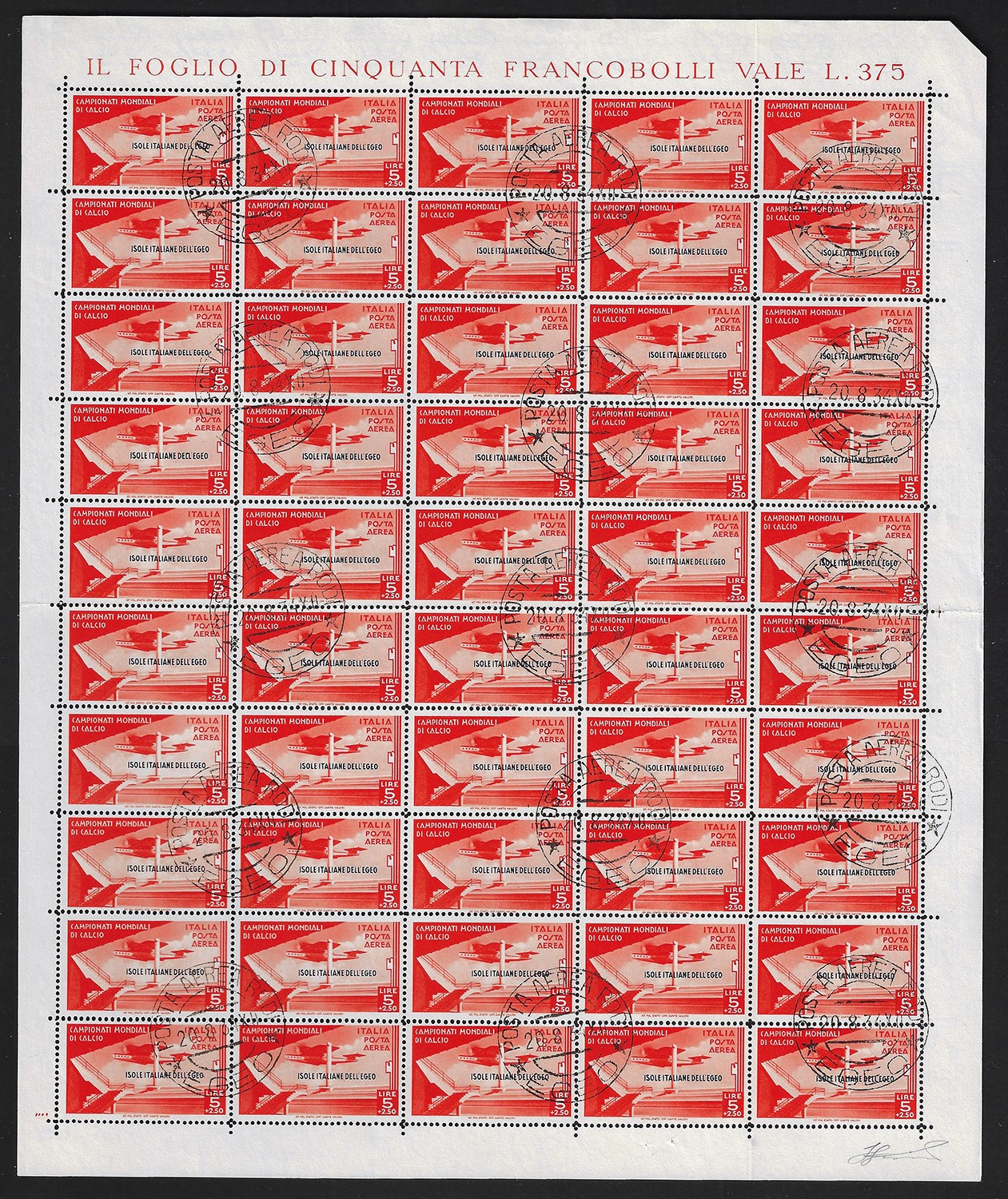 POSTA AEREA 1934, Serie completa Mondiali di Calcio (A34/A37), fogli usati