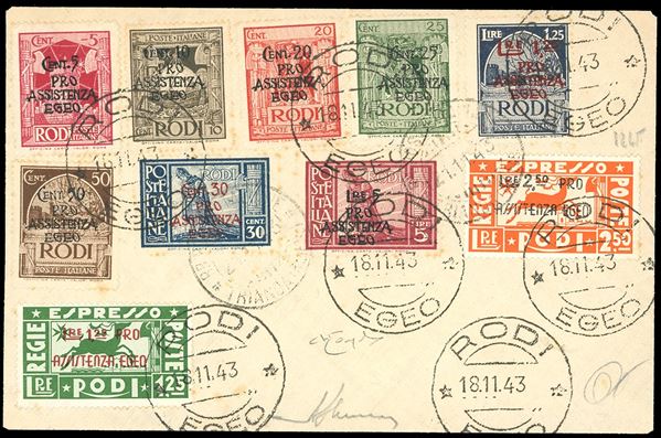 OCCUPAZIONE TEDESCA EGEO 1943 - Pro assistenza Egeo, soprastampati, serie completa con espressi (118/125+E), perfetti, su busta non viaggiata annullati a Rodi 18/11/1943. Raybaudi.