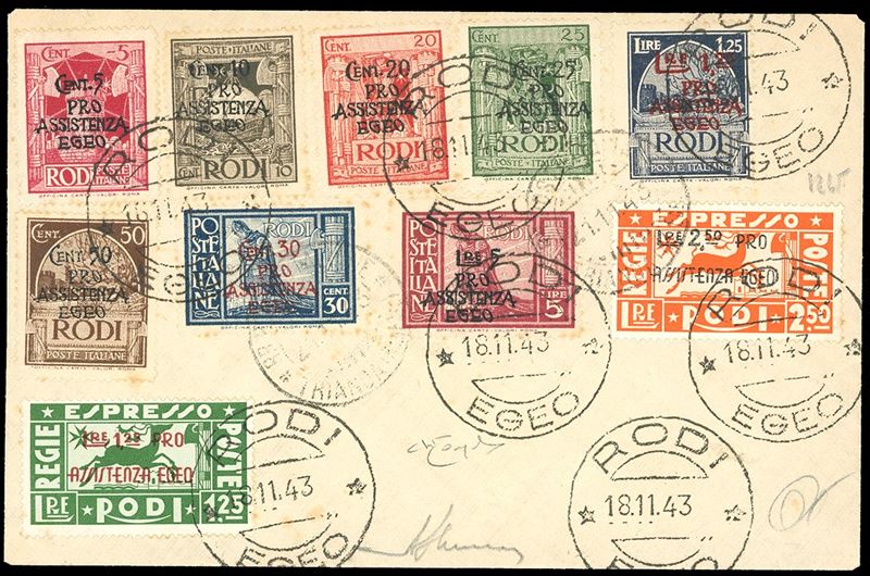 OCCUPAZIONE TEDESCA EGEO 1943 - Pro assistenza Egeo, soprastampati, serie completa con espressi (118/125+E), perfetti, su busta non viaggiata annullati a Rodi 18/11/1943. Raybaudi.  - Asta Filatelia - Cambi Casa d'Aste