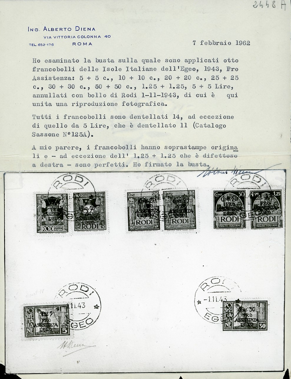 Occupazione Tedesca Egeo 1943, 5 + 5 lire lilla rosa, soprastampato 'Pro Assistenza Egeo', dent. ...
