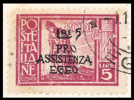 Occupazione Tedesca Egeo 1943, 5 + 5 lire lilla rosa, soprastampato 'Pro Assistenza Egeo', dent. ...