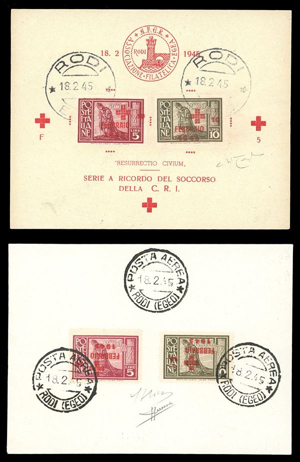 OCCUPAZIONE TEDESCA EGEO 1945 - Pro Croce Rossa, serie completa (132/133) su foglietto ricordo usati a Rodi 18/2/1945. Allegato un altro foglietto con serie completa con soprastampa capovolta (132a/133a). Tutti i francobolli sono perfetti. Raybaudi per il primo, Sorani per il secondo.
