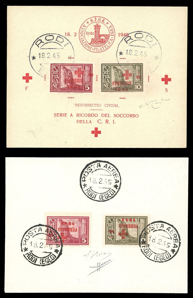 OCCUPAZIONE TEDESCA EGEO 1945 - Pro Croce Rossa, serie completa (132/133) su foglietto ricordo usati a Rodi 18/2/1945. Allegato un altro foglietto con serie completa con soprastampa capovolta (132a/133a). Tutti i francobolli sono perfetti. Raybaudi per il primo, Sorani per il secondo.  - Auction Philately - Cambi Casa d'Aste