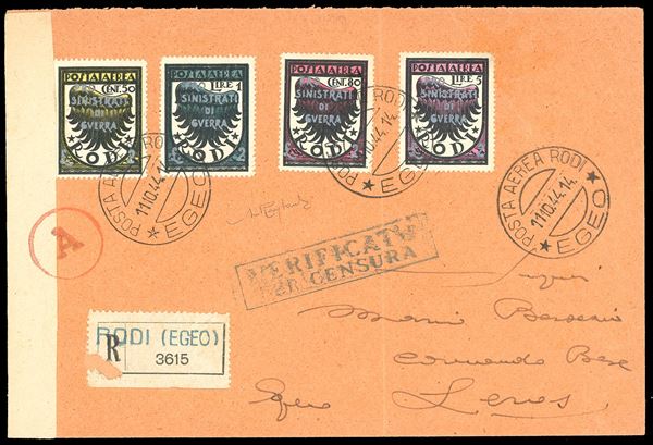 OCCUPAZIONE TEDESCA EGEO POSTA AEREA 1944 - Pro sinistrati di guerra, soprastampati, serie completa (56/59), perfetti, su busta raccomandata da Rodi 11/10/1944, primo giorno d'emissione, a Leros, bollo di arrivo al verso. Raybaudi.