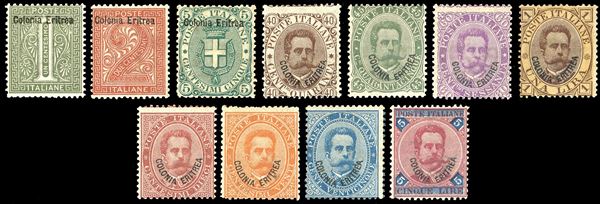 1893 - Prima emissione, soprastampati Colonia Eritrea (1/11), nuovi, gomma originale, leggere linguella, perfetti. Alti valori firmati Ferrario.