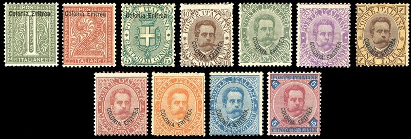 1893 - Prima emissione, soprastampati Colonia Eritrea (1/11), nuovi, gomma originale, leggere linguella, perfetti. Alti valori firmati Ferrario.  - Asta Filatelia - Cambi Casa d'Aste