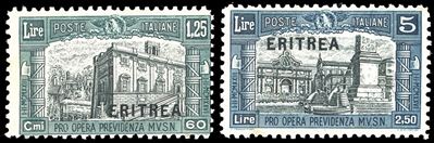 Milizia, I emissione, 1927 - 1,25 lire + 60 cent. e 5 lire + 2,50 lire, colori invertiti, non eme...