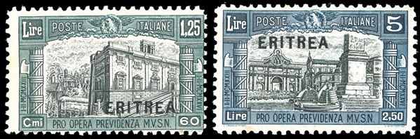 1927 - 1,25 lire + 60 cent. e 5 lire + 2,50 lire Milizia, I emissione, colori invertiti, non emessi (119A/119A), nuovi, gomma originale integra, perfetti. Molto freschi e rari. G.Oliva, cert. Ferrario ed Enzo Diena 1988.