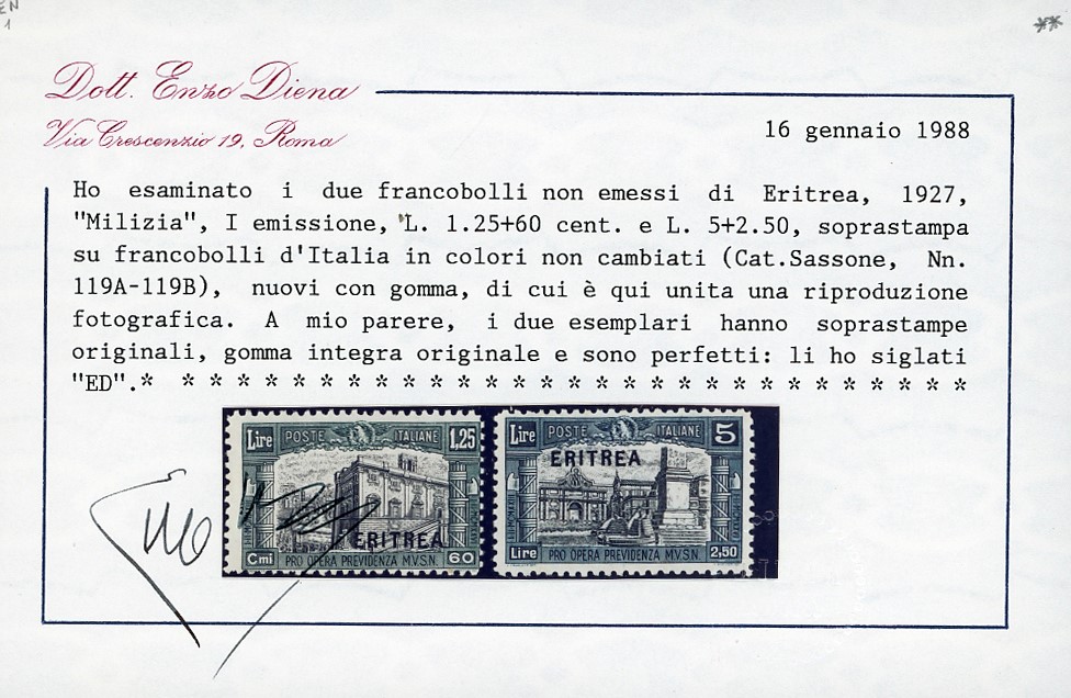 Milizia, I emissione, 1927 - 1,25 lire + 60 cent. e 5 lire + 2,50 lire, colori invertiti, non eme...