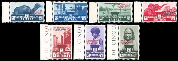 1934 - Onoranze al Duca degli Abruzzi, serie completa (213/219), nuovi, gomma originale integra, perfetti. Splendidi, tutti bordo di foglio. Ferrario.