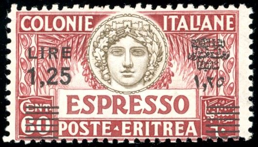 ESPRESSI 1935 - 1,25 lire su 60 cent., dent. 11, soprastampato in nero (8), salto di dentellatura in basso, formato più piccolo, gomma originale integra, perfetto. Raro e varietà non catalogata. G.Oliva, Sassone, cert. Sorani e Ferrario.