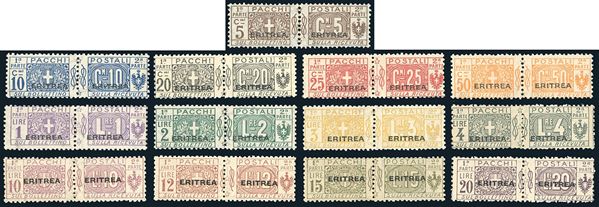 PACCHI POSTALI 1917/24 - Nodo di Savoia al centro, soprastampa grande, serie completa (9/21), gomma originale integra, perfetti. Cert. Ferrario.